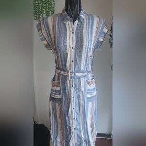 Monteau belted vertical striped dress M